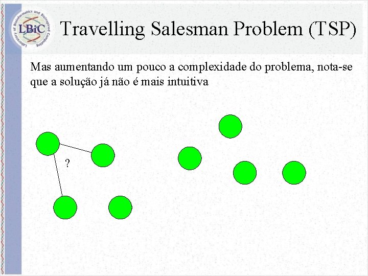 Travelling Salesman Problem (TSP) Mas aumentando um pouco a complexidade do problema, nota-se que