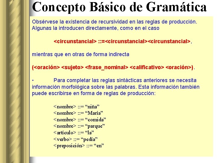 Concepto Básico de Gramática Obsérvese la existencia de recursividad en las reglas de producción.