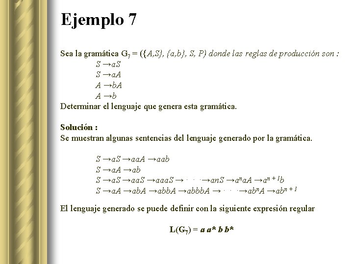 Ejemplo 7 Sea la gramática G 7 = ({A, S}, {a, b}, S, P)