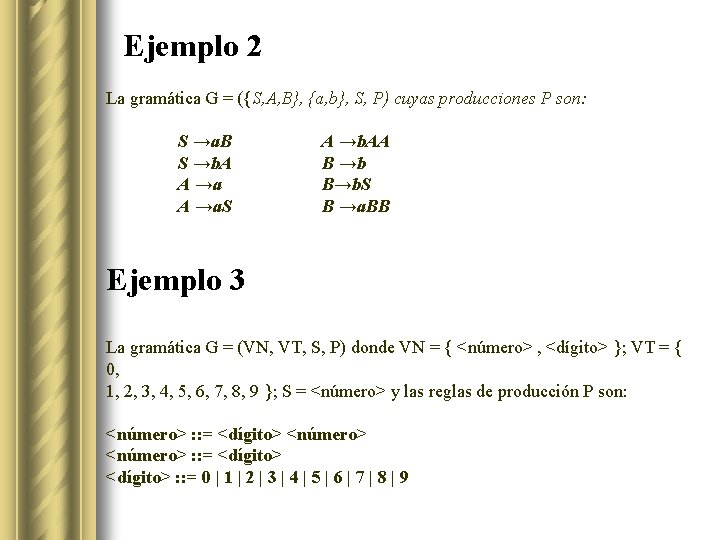 Ejemplo 2 La gramática G = ({S, A, B}, {a, b}, S, P) cuyas