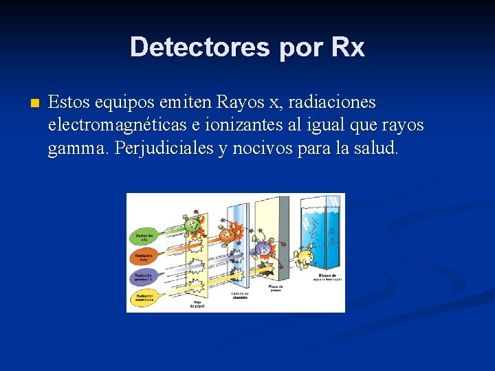 Detectores por Rx n Estos equipos emiten Rayos x, radiaciones electromagnéticas e ionizantes al