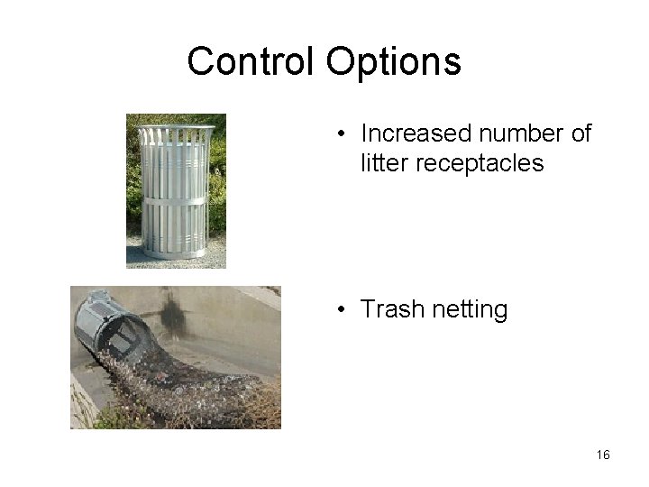 Control Options • Increased number of litter receptacles • Trash netting 16 Control Options • Increased number of litter receptacles • Trash netting 16