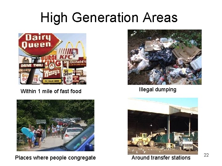 High Generation Areas Within 1 mile of fast food Places where people congregate Illegal High Generation Areas Within 1 mile of fast food Places where people congregate Illegal