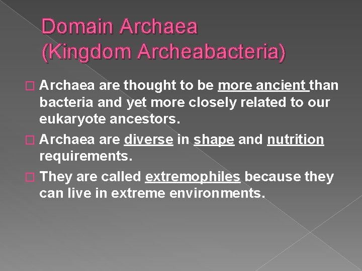 Domain Archaea (Kingdom Archeabacteria) Archaea are thought to be more ancient than bacteria and