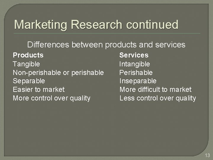 Marketing Research continued Differences between products and services Products Tangible Non-perishable or perishable Separable