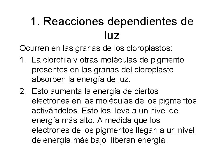 1. Reacciones dependientes de luz Ocurren en las granas de los cloroplastos: 1. La