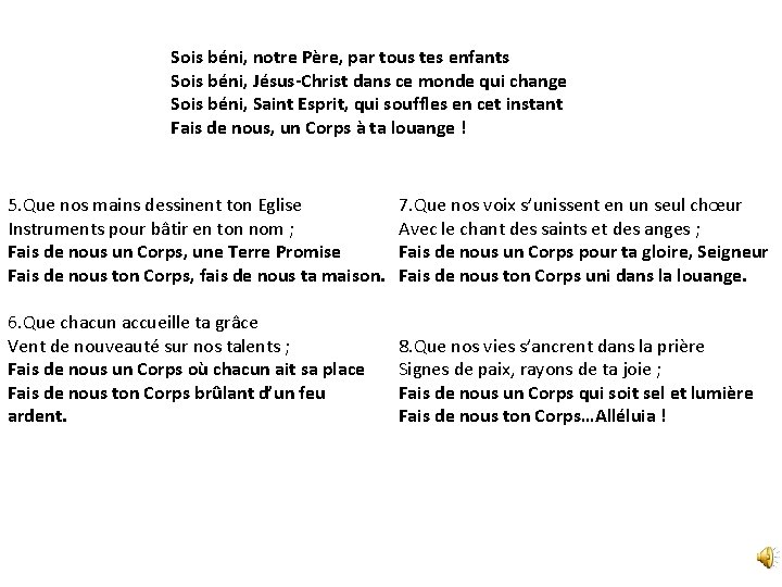 Sois béni, notre Père, par tous tes enfants Sois béni, Jésus-Christ dans ce monde