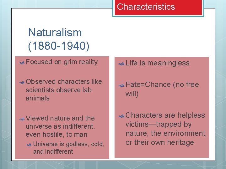 Characteristics Naturalism (1880 -1940) Focused on grim reality Observed characters like scientists observe lab Characteristics Naturalism (1880 -1940) Focused on grim reality Observed characters like scientists observe lab