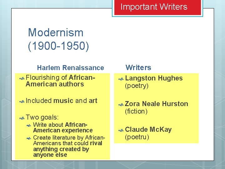 Important Writers Modernism (1900 -1950) Harlem Renaissance Flourishing of African. American authors Included Two Important Writers Modernism (1900 -1950) Harlem Renaissance Flourishing of African. American authors Included Two