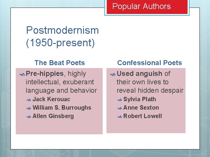 Popular Authors Postmodernism (1950 -present) The Beat Poets Pre-hippies, highly intellectual, exuberant language and Popular Authors Postmodernism (1950 -present) The Beat Poets Pre-hippies, highly intellectual, exuberant language and