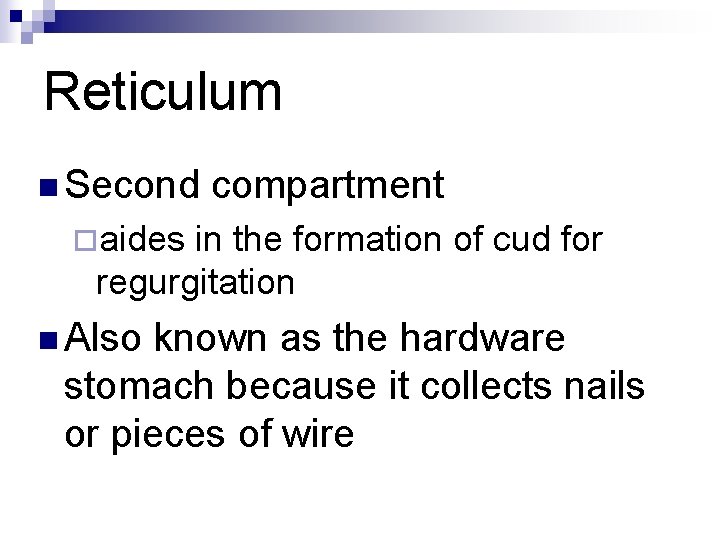 Reticulum n Second compartment ¨aides in the formation of cud for regurgitation n Also