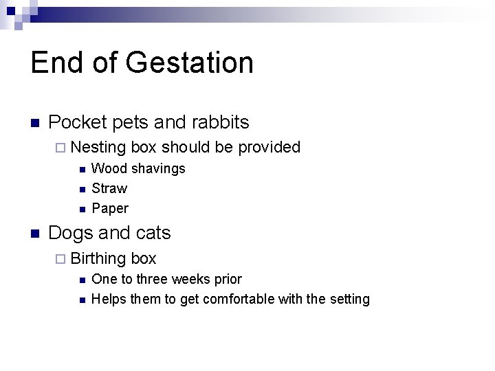 End of Gestation n Pocket pets and rabbits ¨ Nesting n n box should