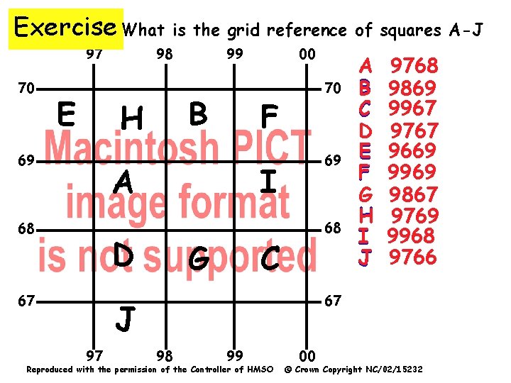 Exercise What is the grid reference of squares A-J 98 97 70 E B