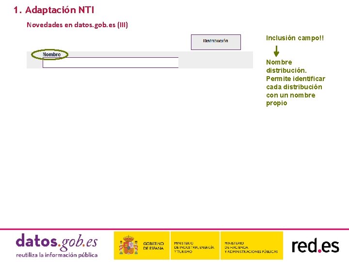 1. Adaptación NTI Novedades en datos. gob. es (III) Inclusión campo!! Nombre distribución. Permite