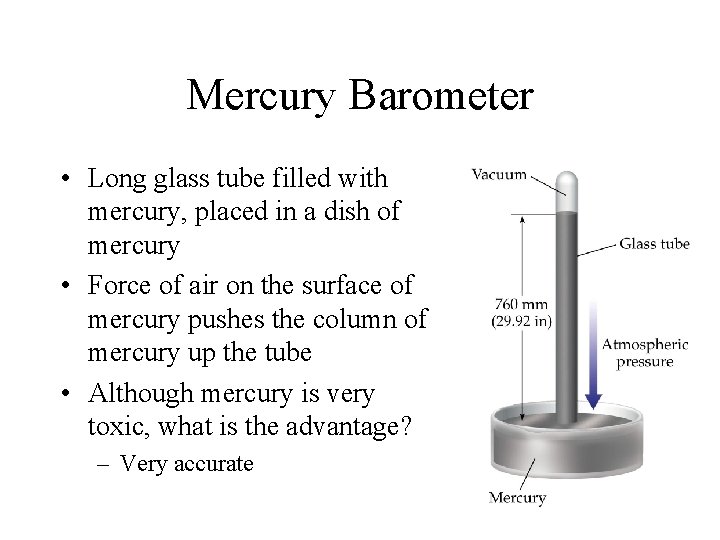 Mercury Barometer • Long glass tube filled with mercury, placed in a dish of