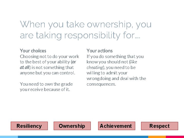 When you take ownership, you are taking responsibility for…. Your choices Choosing not to