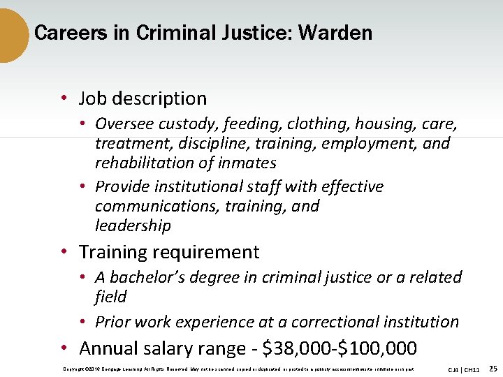 Careers in Criminal Justice: Warden • Job description • Oversee custody, feeding, clothing, housing,