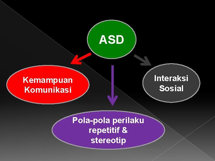 ASD Kemampuan Komunikasi Pola-pola perilaku repetitif & stereotip Interaksi Sosial ASD Kemampuan Komunikasi Pola-pola perilaku repetitif & stereotip Interaksi Sosial