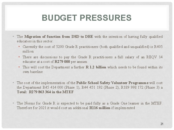 BUDGET PRESSURES • The Migration of function from DSD to DBE with the intention