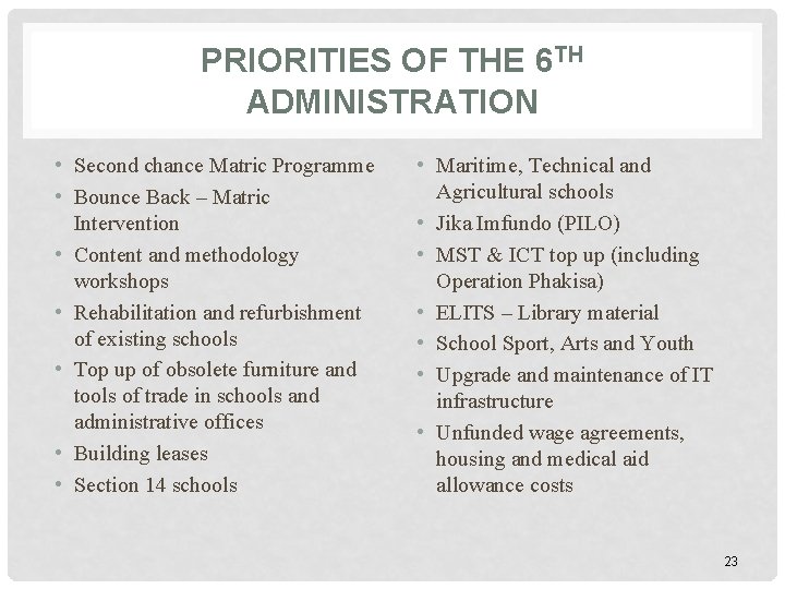 PRIORITIES OF THE 6 TH ADMINISTRATION • Second chance Matric Programme • Bounce Back