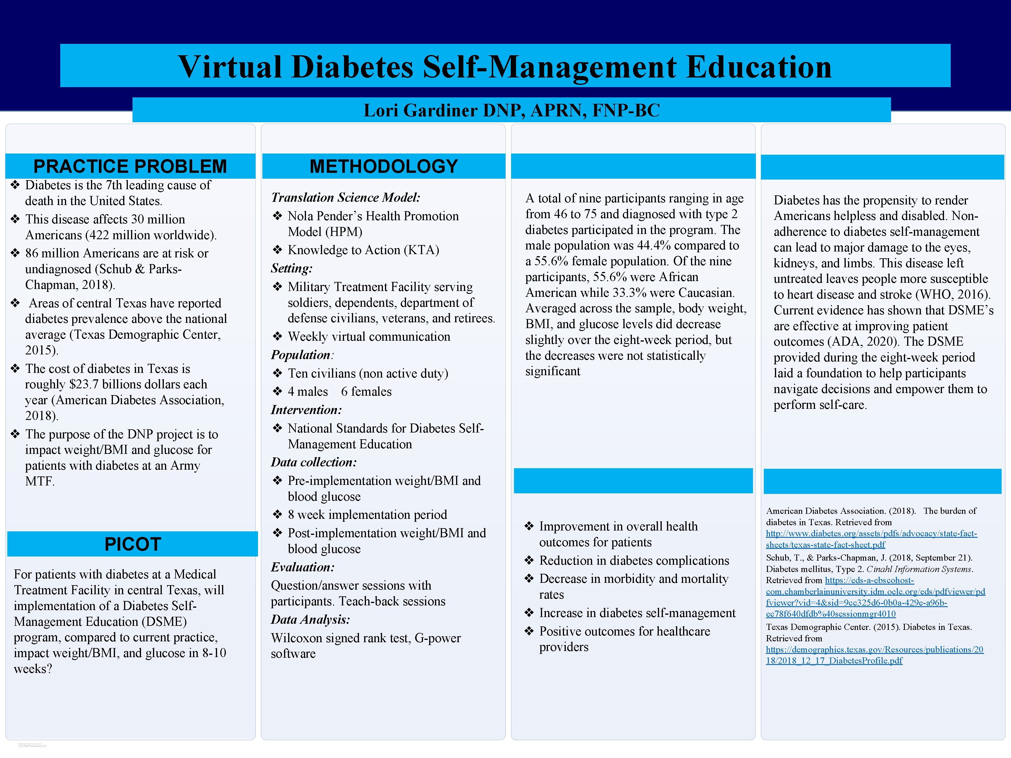 Virtual Diabetes Self-Management Education Lori Gardiner DNP, APRN, FNP-BC PRACTICE PROBLEM ❖ Diabetes is