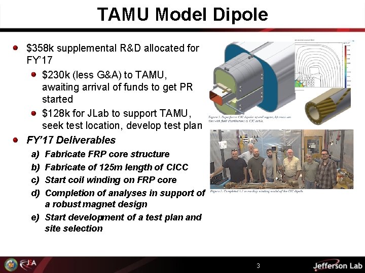 TAMU Model Dipole $358 k supplemental R&D allocated for FY’ 17 $230 k (less