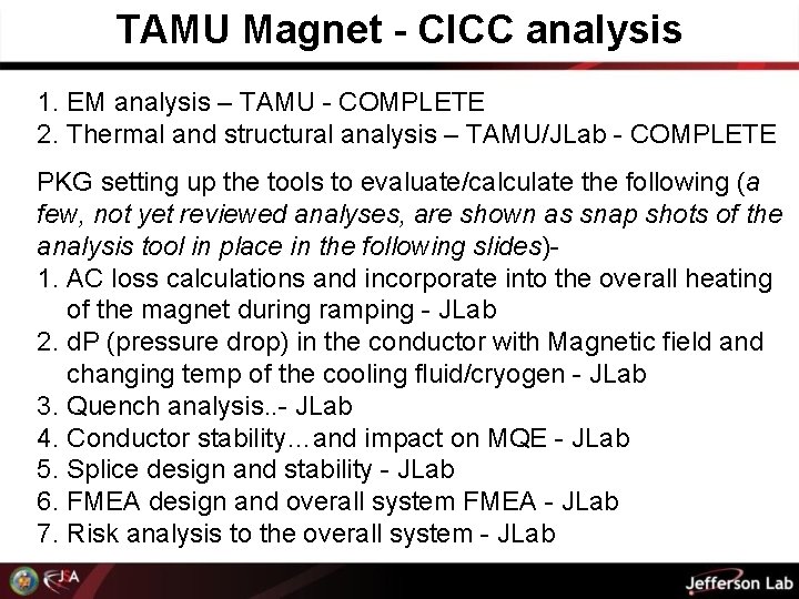 TAMU Magnet - CICC analysis 1. EM analysis – TAMU - COMPLETE 2. Thermal