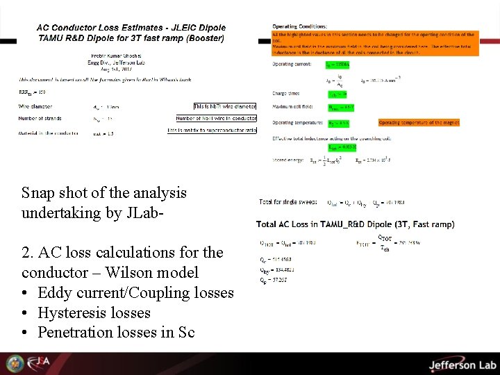 Snap shot of the analysis undertaking by JLab 2. AC loss calculations for the