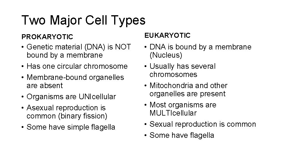 Two Major Cell Types PROKARYOTIC EUKARYOTIC • Genetic material (DNA) is NOT bound by