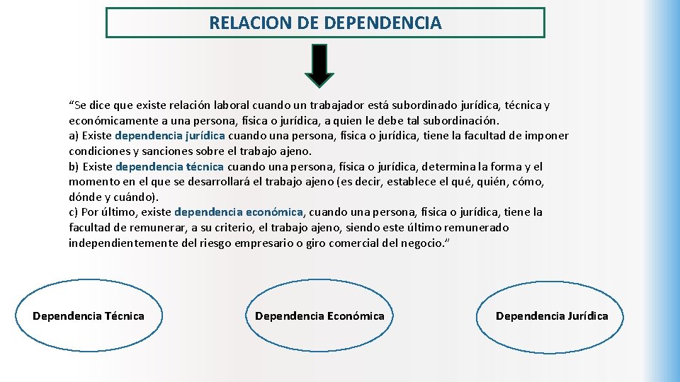 RELACION DE DEPENDENCIA “Se dice que existe relación laboral cuando un trabajador está subordinado