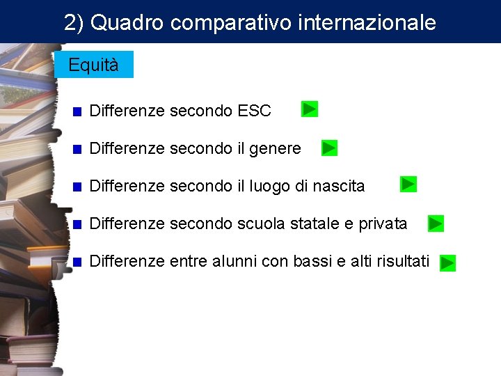 2) Quadro comparativo internazionale Equità Differenze secondo ESC Differenze secondo il genere Differenze secondo