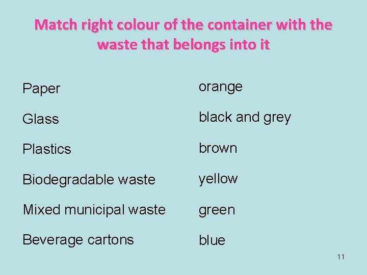 Match right colour of the container with the waste that belongs into it Paper