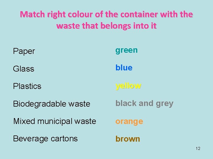 Match right colour of the container with the waste that belongs into it Paper