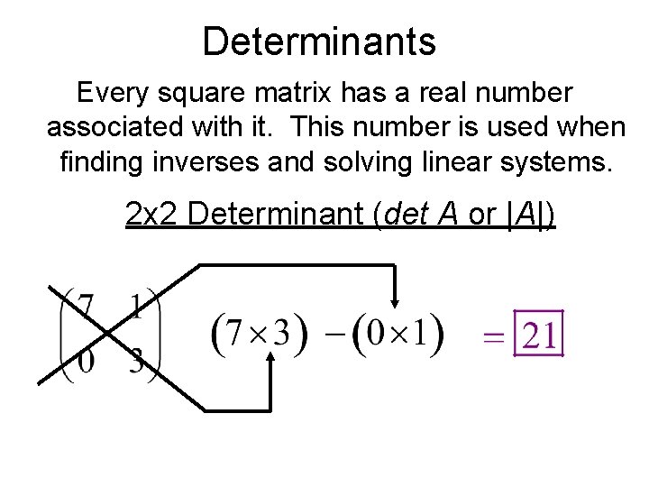 Determinants Every square matrix has a real number associated with it. This number is