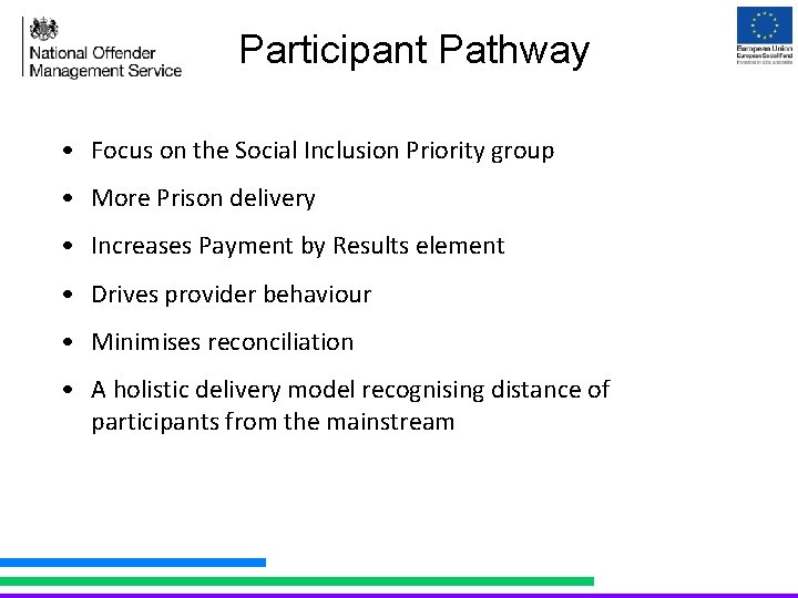Participant Pathway • Focus on the Social Inclusion Priority group • More Prison delivery