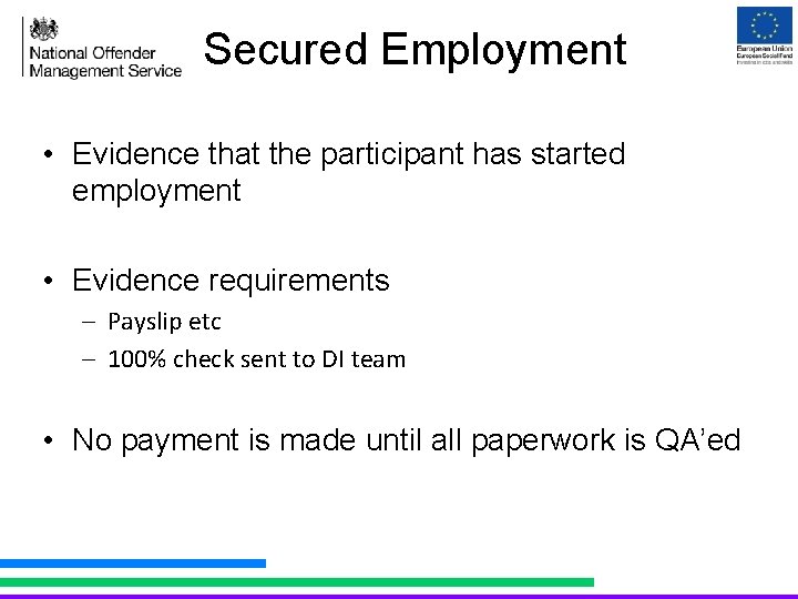 Secured Employment • Evidence that the participant has started employment • Evidence requirements –