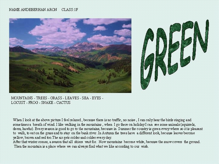 NAME: ANDEBERHAN ARON CLASS: 1 F MOUNTAINS - TREES - GRASS - LEAVES -