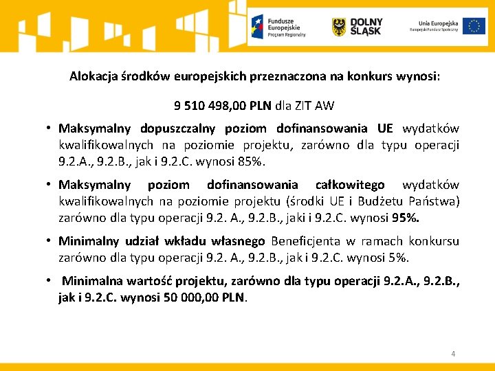 Alokacja środków europejskich przeznaczona na konkurs wynosi: 9 510 498, 00 PLN dla ZIT