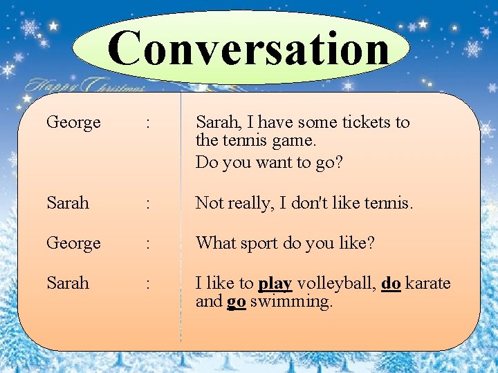 Conversation George : Sarah, I have some tickets to the tennis game. Do you