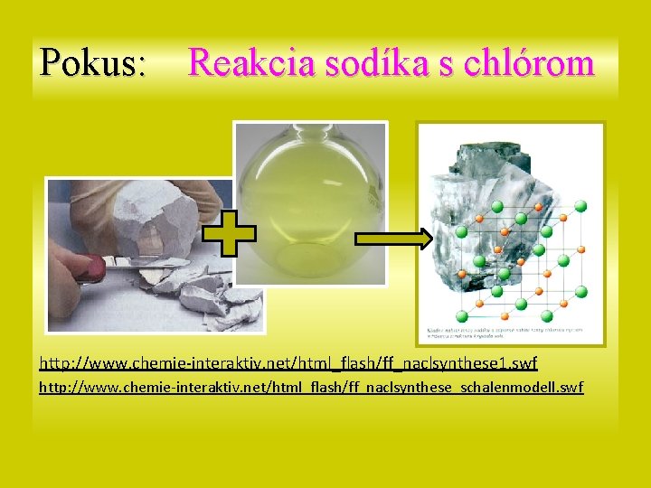 Pokus: Reakcia sodíka s chlórom http: //www. chemie-interaktiv. net/html_flash/ff_naclsynthese 1. swf http: //www. chemie-interaktiv.