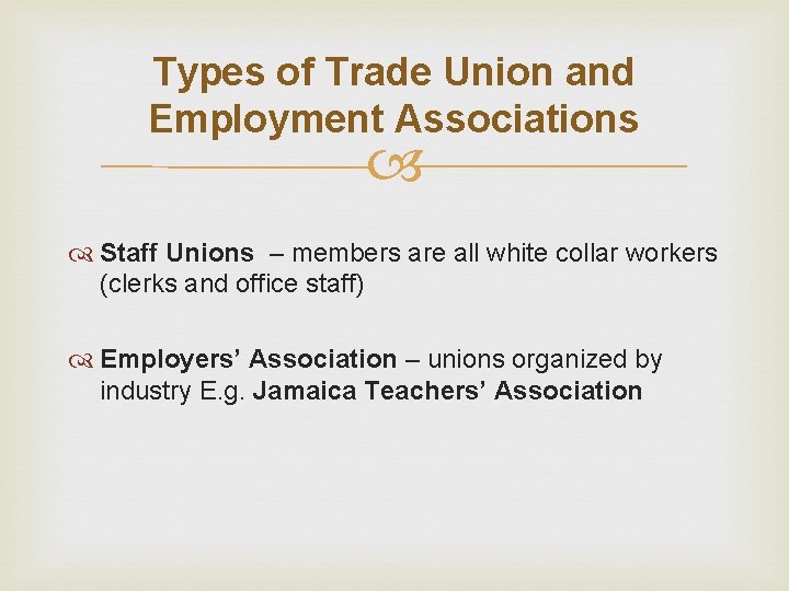 Types of Trade Union and Employment Associations Staff Unions – members are all white