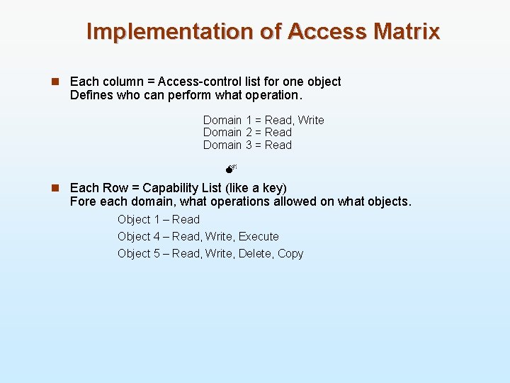 Implementation of Access Matrix n Each column = Access-control list for one object Defines