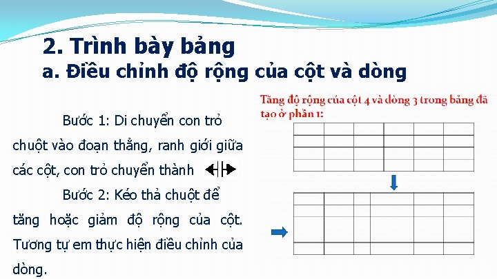 2. Trình bày bảng a. Điều chỉnh độ rộng của cột và dòng Bước