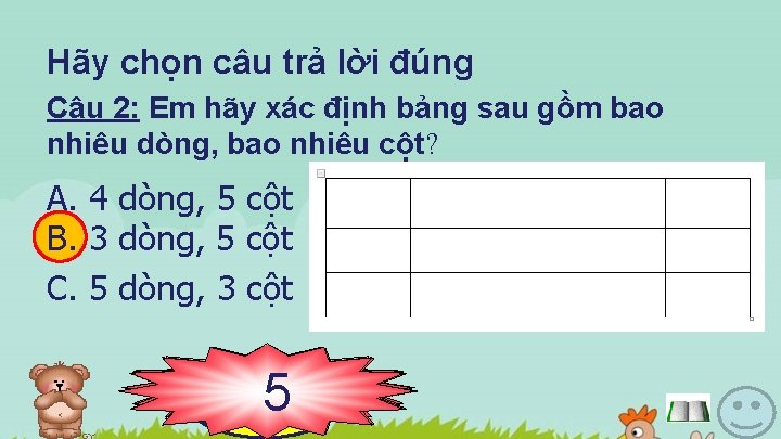 Hãy chọn câu trả lời đúng Câu 2: Em hãy xác định bảng sau