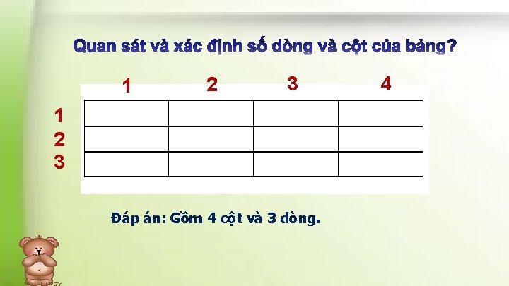 1 2 3 Đáp án: Gồm 4 cột và 3 dòng. 4 