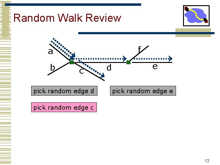 Random Walk Review f a b c pick random edge d d e pick