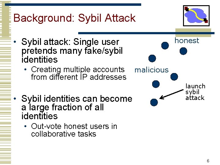 Background: Sybil Attack • Sybil attack: Single user pretends many fake/sybil identities honest •