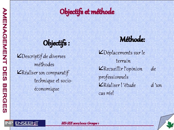 Objectifs et méthode Méthode: Objectifs : åDescriptif de diverses méthodes åRéaliser un comparatif technique