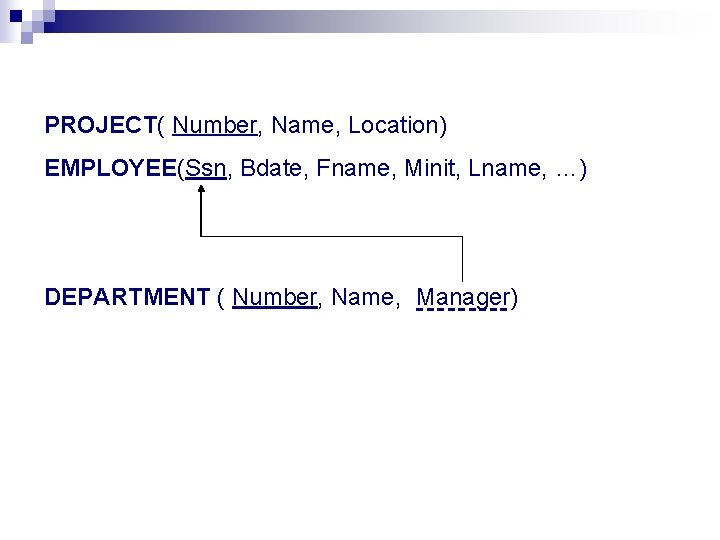 PROJECT( Number, Name, Location) EMPLOYEE(Ssn, Bdate, Fname, Minit, Lname, …) DEPARTMENT ( Number, Name,