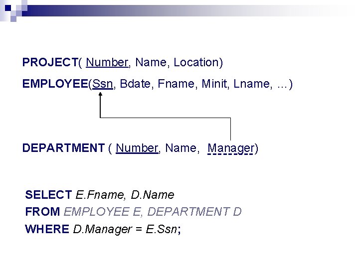 PROJECT( Number, Name, Location) EMPLOYEE(Ssn, Bdate, Fname, Minit, Lname, …) DEPARTMENT ( Number, Name,